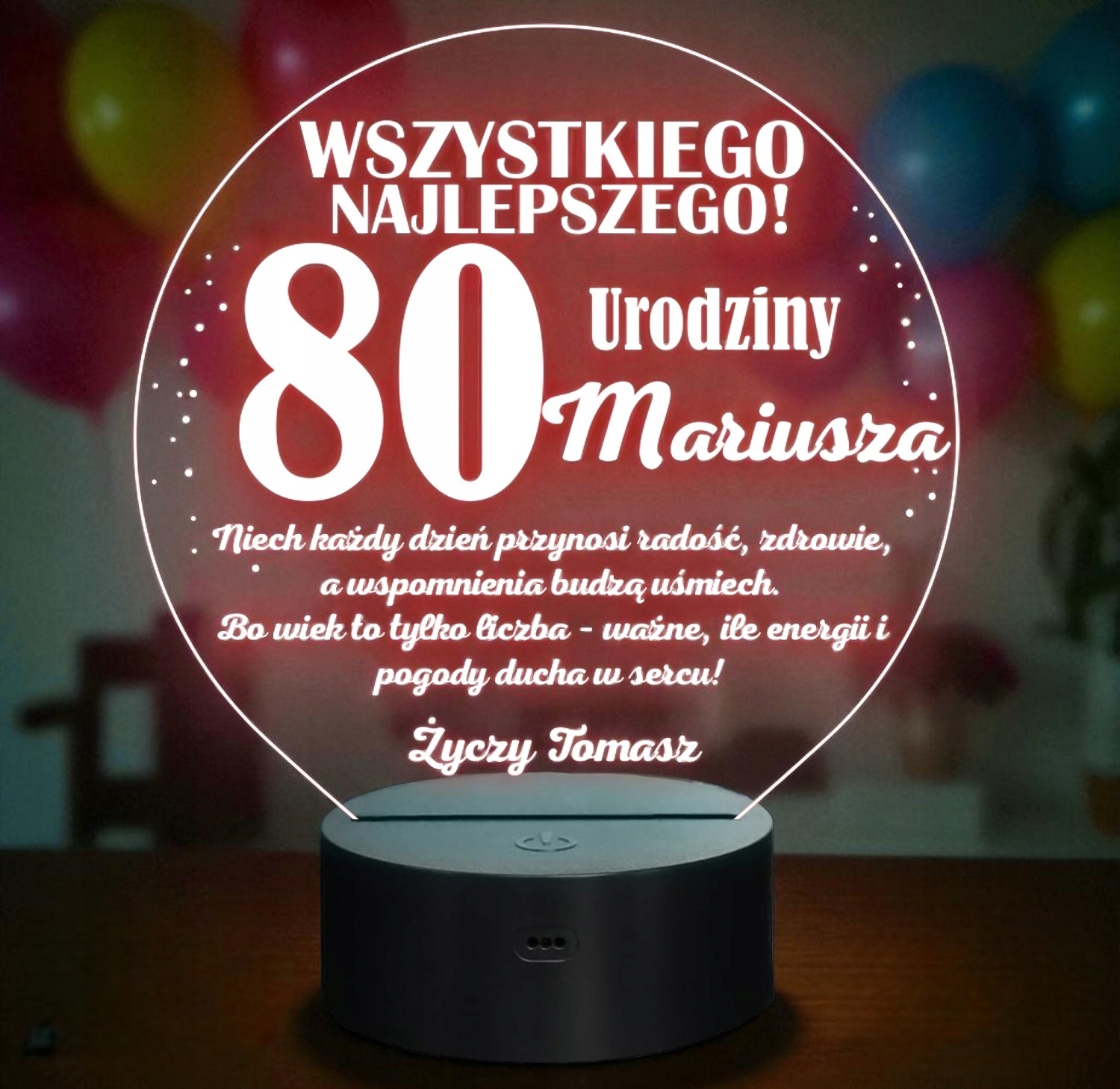 Lampka Nocna LED Prezent na 80 Urodziny Pamiątka Osiemdziesiątka Grawer Lampka Nocna LED Prezent na 80 Urodziny Pamiątka Osiemdziesiątka Grawer
