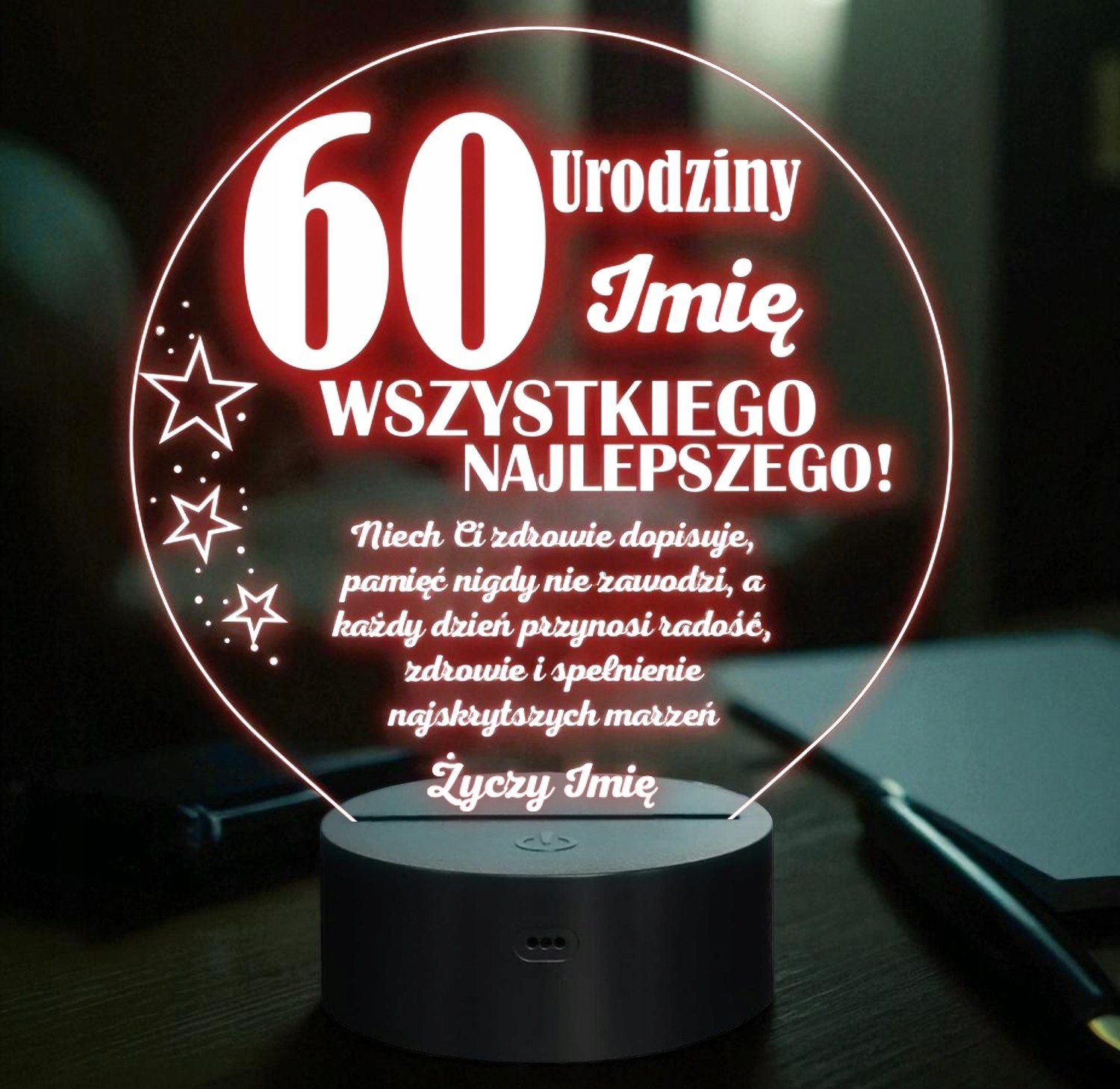 Lampka Nocna LED Prezent na 60 Urodziny Pamiątka Sześćdziesiątka Grawer Lampka Nocna LED Prezent na 60 Urodziny Pamiątka Sześćdziesiątka Grawer