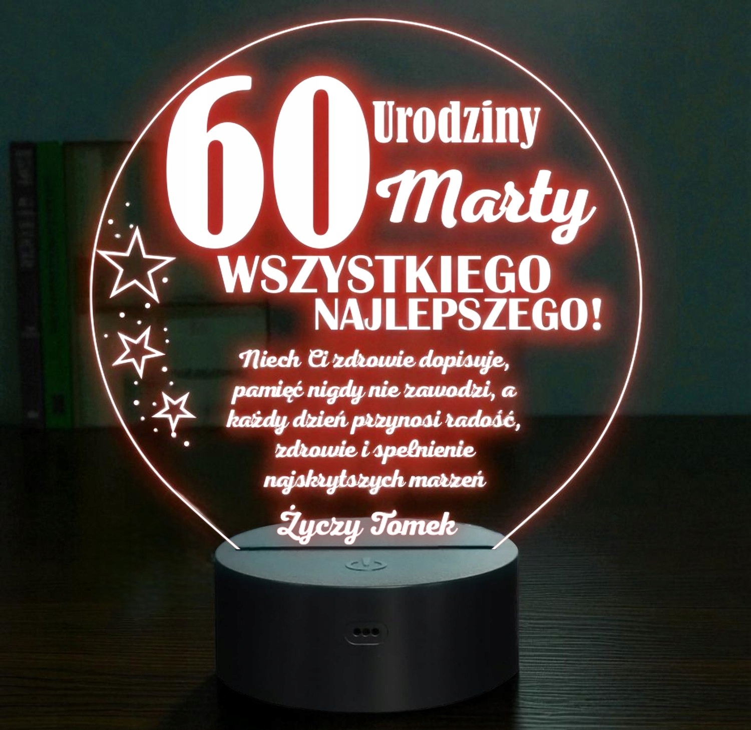 Lampka Nocna LED Prezent na 60 Urodziny Pamiątka Sześćdziesiątka Grawer Lampka Nocna LED Prezent na 60 Urodziny Pamiątka Sześćdziesiątka Grawer