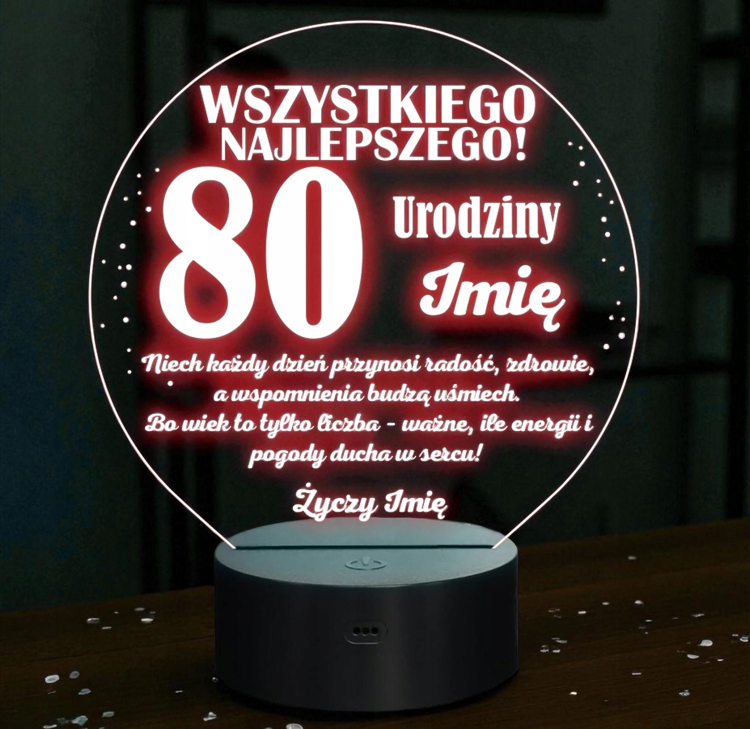 Lampka Nocna LED Prezent na 80 Urodziny Pamiątka Osiemdziesiątka Grawer Lampka Nocna LED Prezent na 80 Urodziny Pamiątka Osiemdziesiątka Grawer
