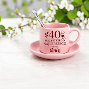 3 filizanka rozowa z yzeczka i talerzykiem personalizowana na 40 urodziny grafit + bordo 1 filr0135