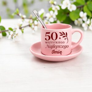 3 filizanka rozowa z yzeczka i talerzykiem personalizowana na 50 urodziny grafit + bordo 1 filr0136