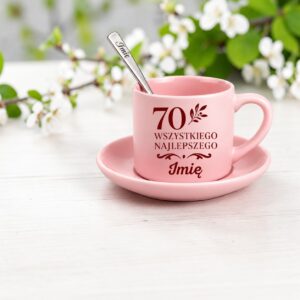 3 filizanka rozowa z yzeczka i talerzykiem personalizowana na 70 urodziny grafit + geboka zielen 1 filr0138