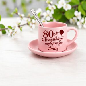 3 filizanka rozowa z yzeczka i talerzykiem personalizowana na 80 urodziny granat + winna czerwien 1 filr0139